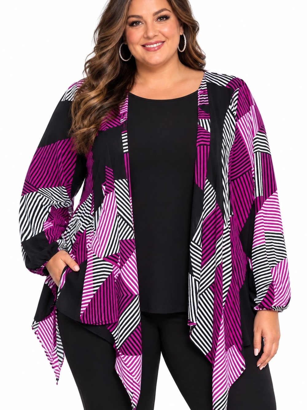 Lane Bryant Purple and Black Geometric Open-Front Cardigan